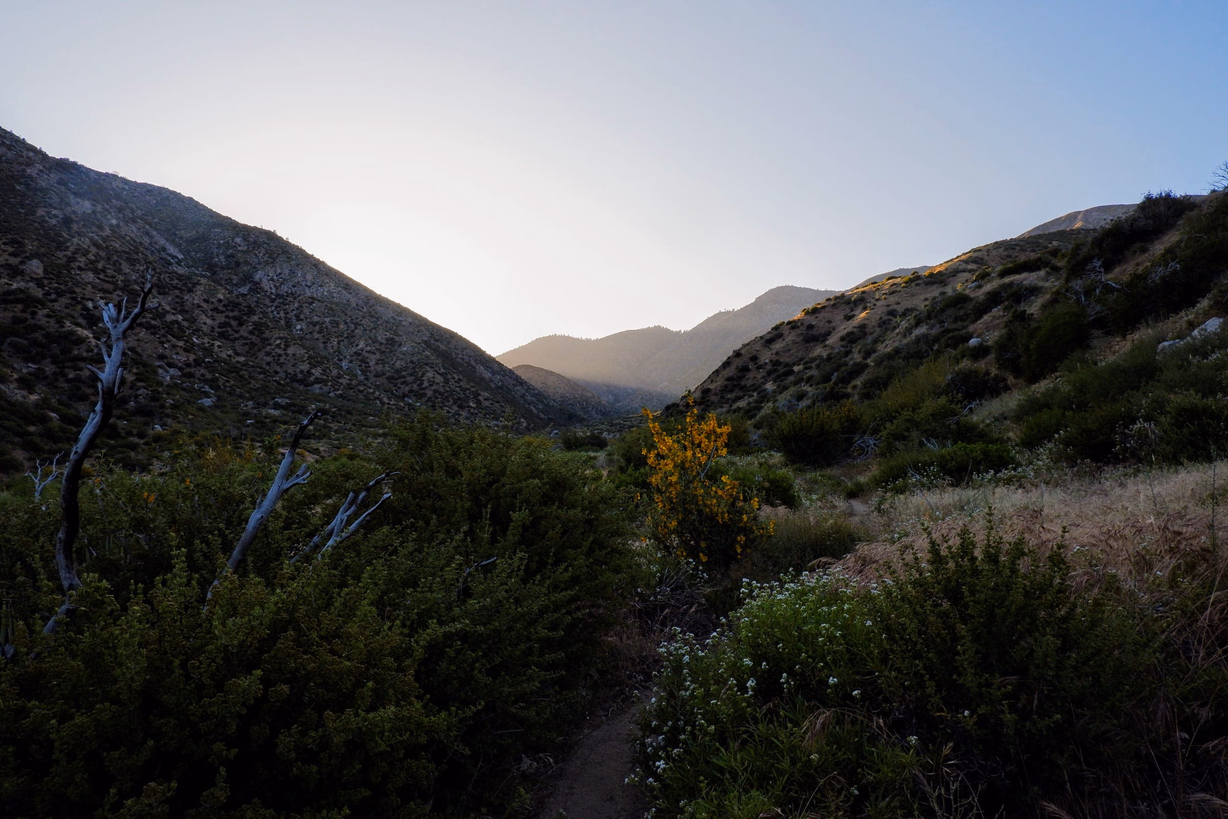 Sunrise about to hit the valley along the desert section of the PCT.