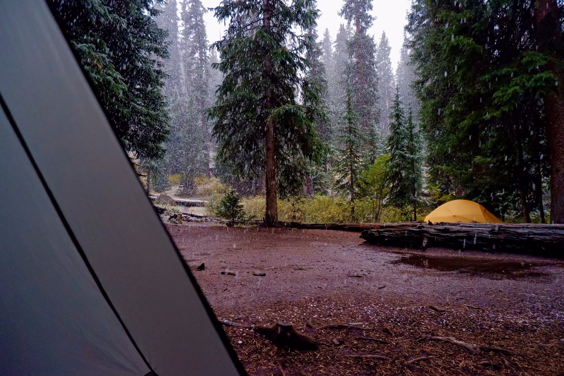 Snowy campsite along the Four Pass Loop Trail.