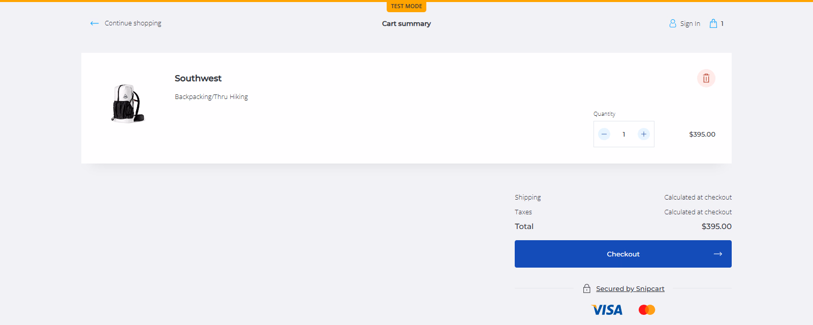 Snipcart cart summary showing the Southwest backpack, quantity, and checkout total.