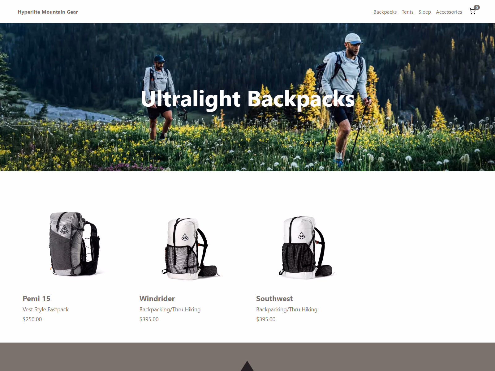 Backpacks category page listing three ultralight packs with pricing.