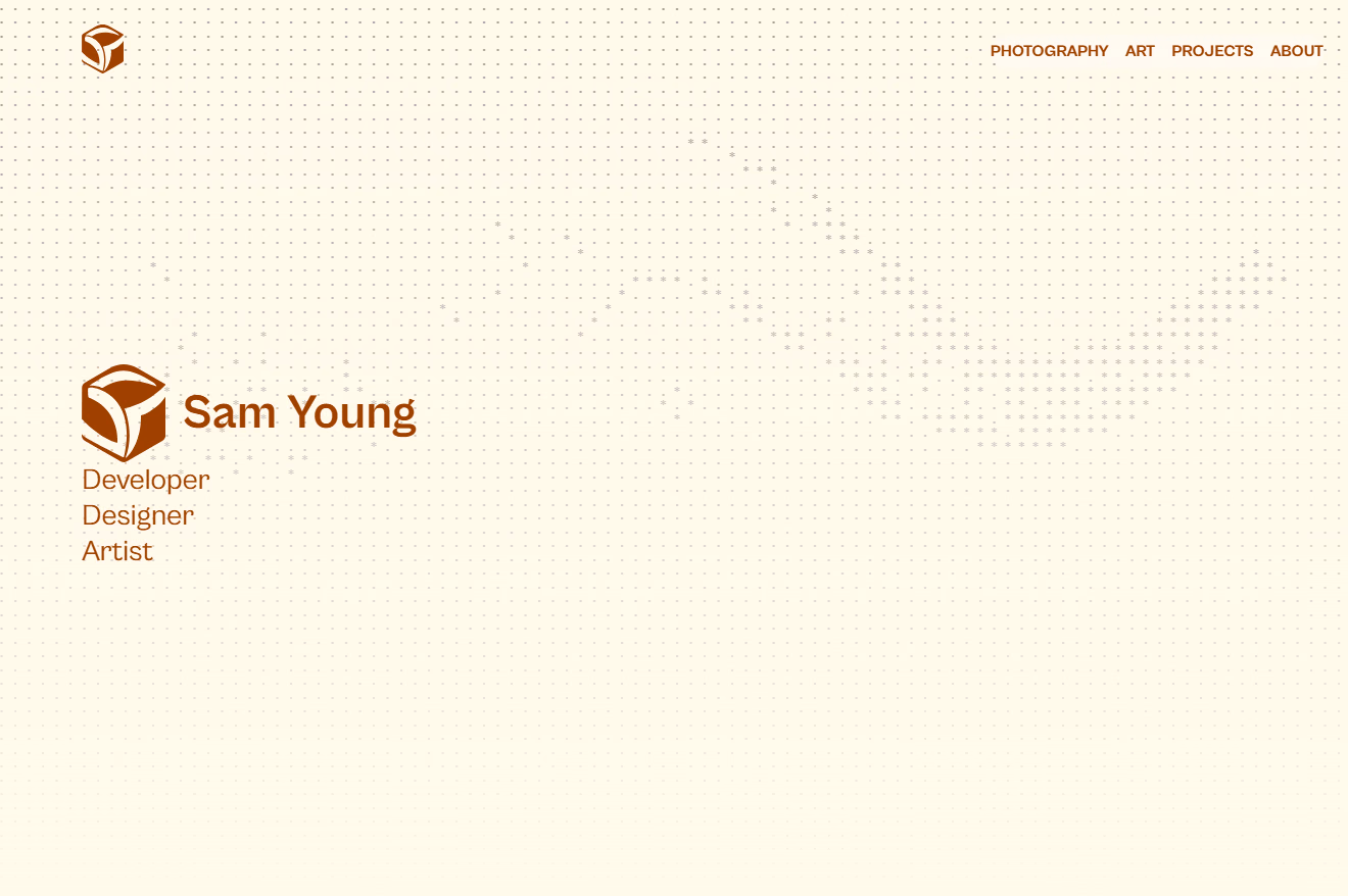 Homepage of the portfolio site showing a dot-grid canvas background rippling outward from mouse movement.