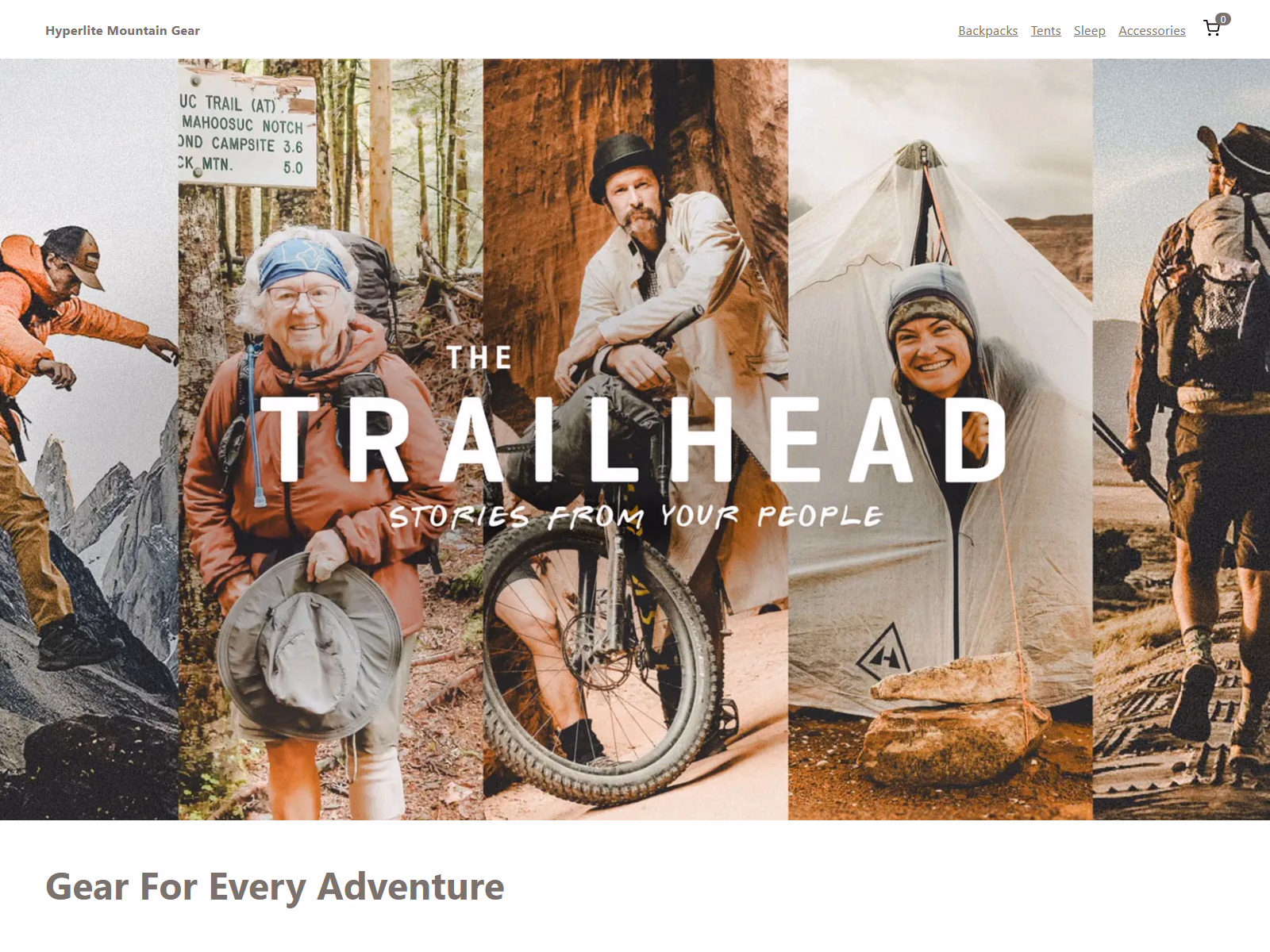 Hyperlite Mountain Gear homepage with a full-width photo collage hero and category navigation.