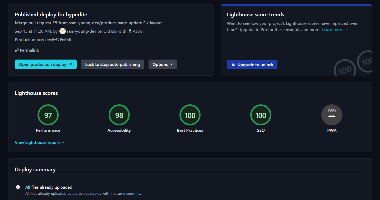 Lighthouse report from a Netlify deploy preview showing performance, accessibility, best practices, and SEO scores.