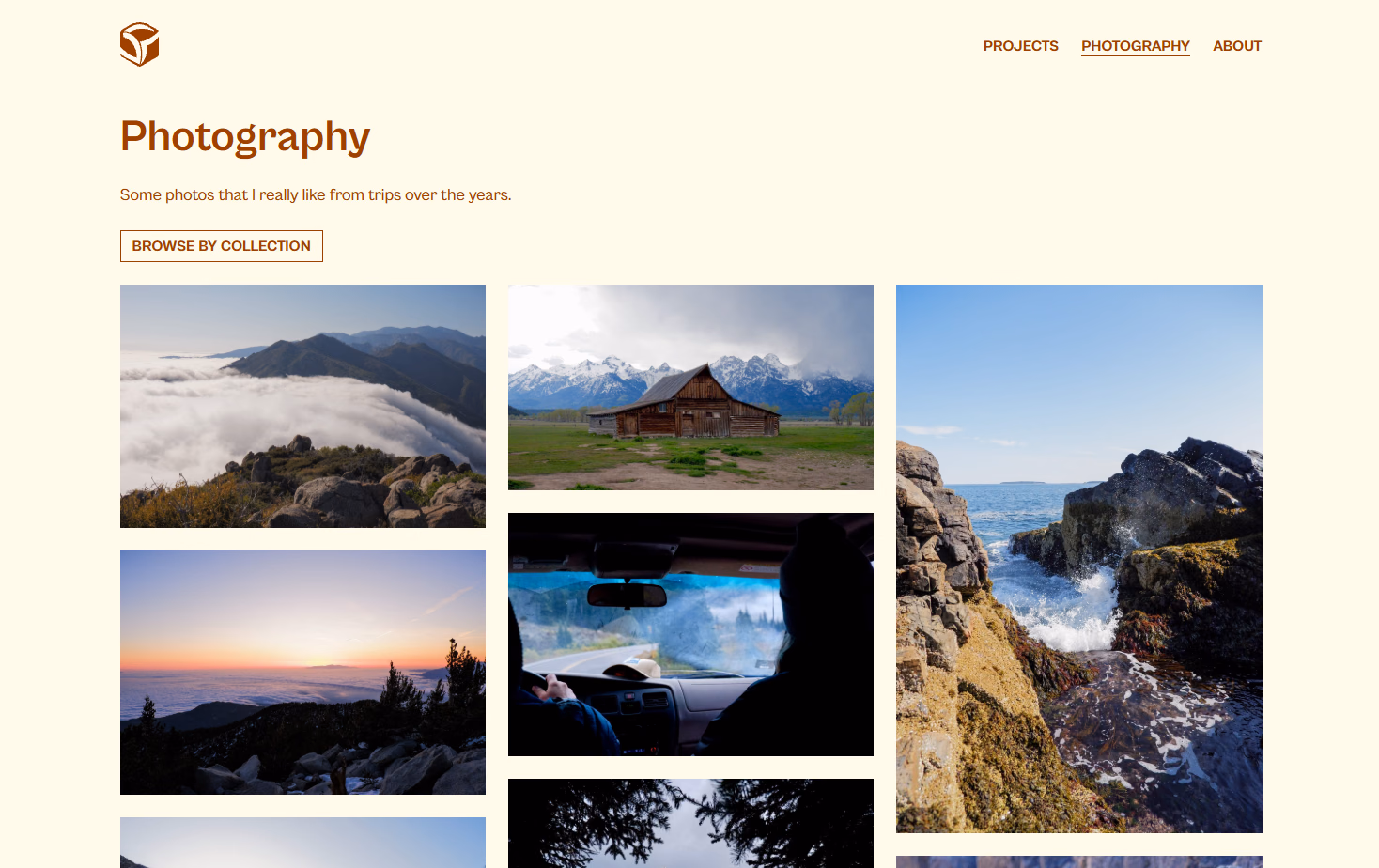 Photography index page showing a masonry grid of landscape and hiking photos.