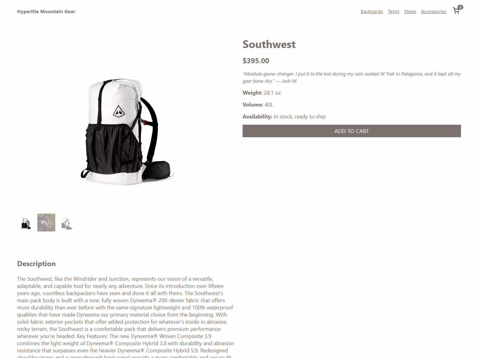 Southwest backpack product page with price, specs, image gallery, and an add to cart button.